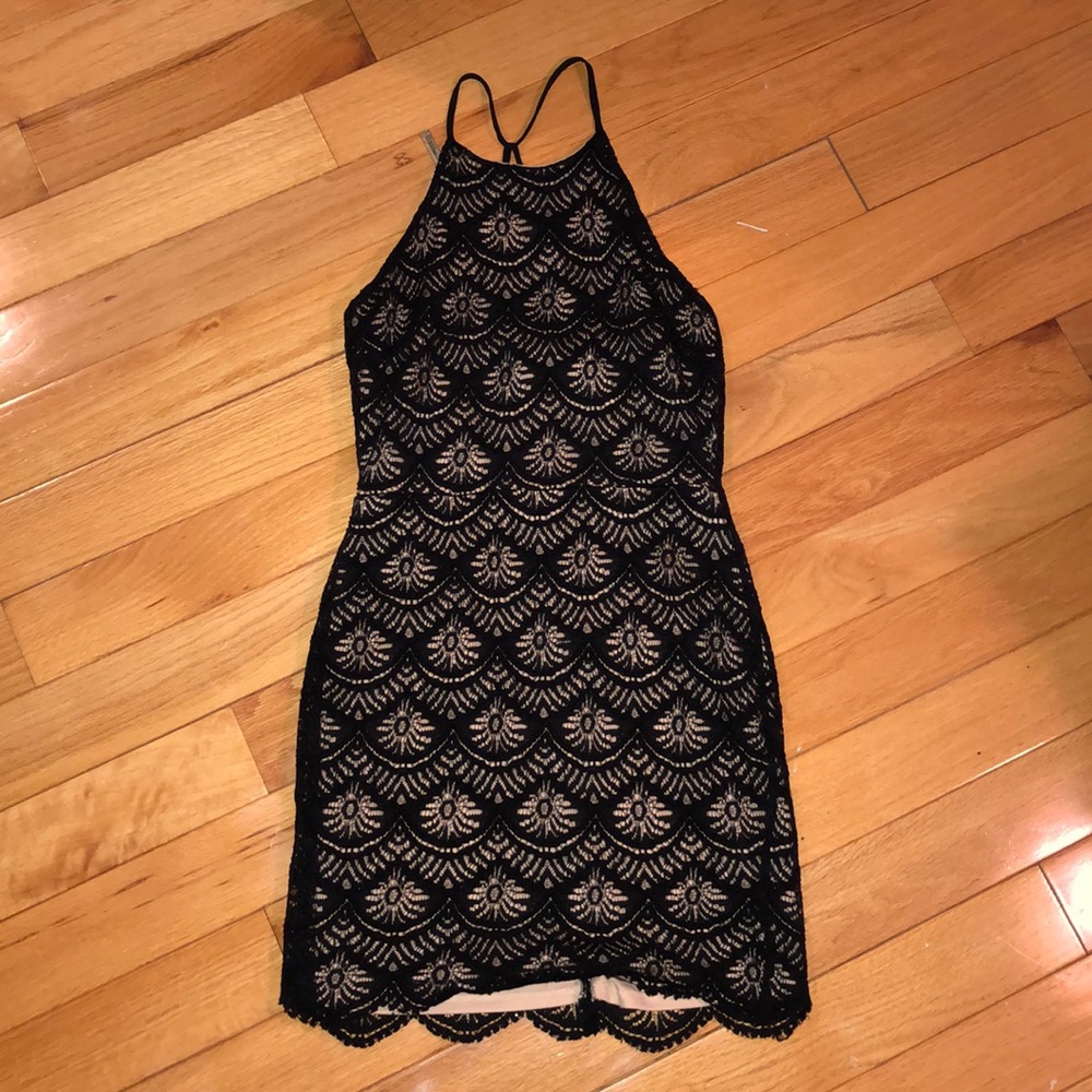 Black and Tan lace halter mini dress